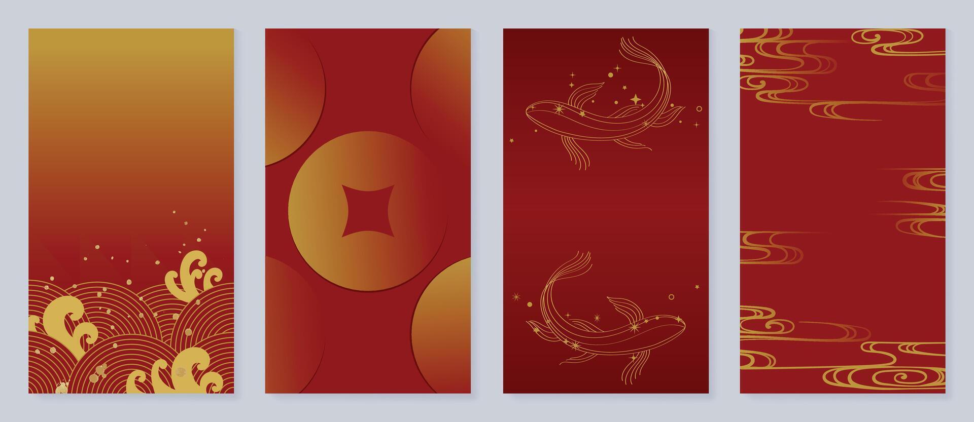 Happy Chinese New Year cover background . Luxury background design with golden sea wave, fish, coin, wind. Elegant oriental illustration for cover, banner, website, calendar, card. vector