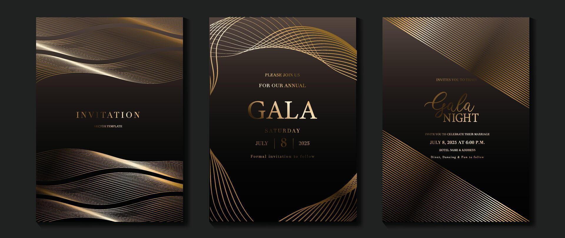 Luxury invitation card background . Golden elegant geometric shape, gold lines gradient on dark background. Premium design illustration for gala card, grand opening, wedding, party invitation. vector