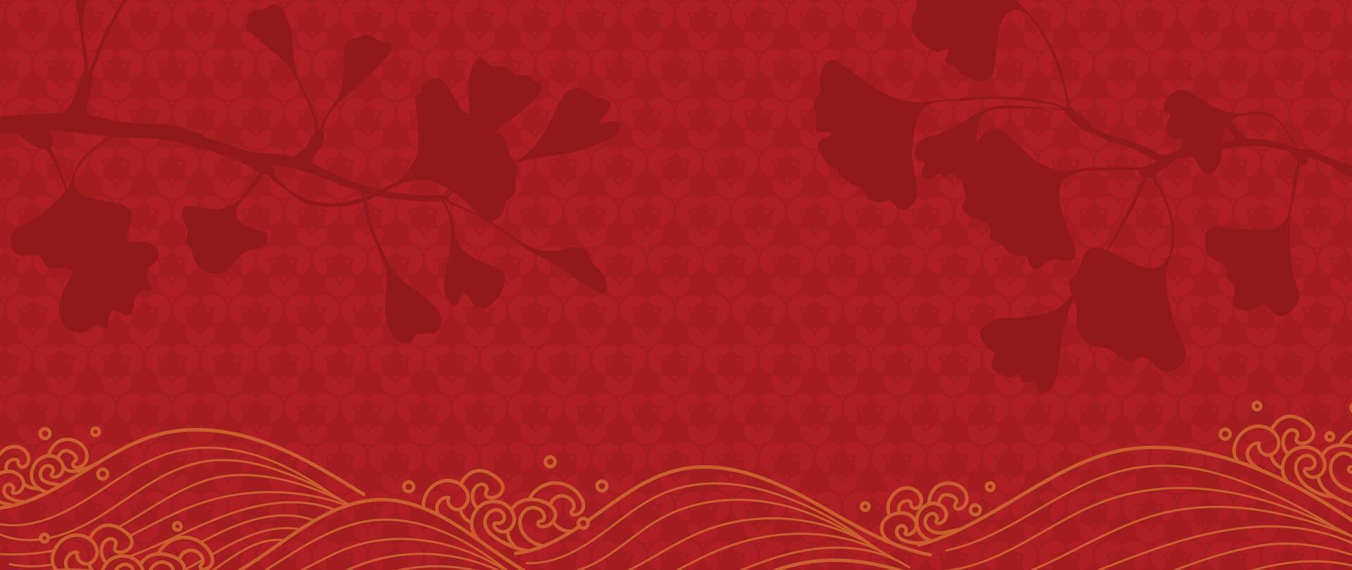 Happy Chinese new year background . Luxury wallpaper design with chinese pattern, ginkgo leaf, sea wave on red background. Modern luxury oriental illustration for cover, banner, website, decor. vector