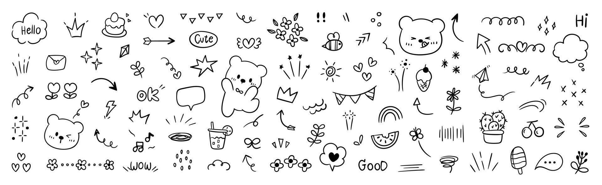 Set of cute pen line doodle element . Hand drawn doodle style collection of heart, arrows, scribble, flower, bear, speech bubble. Design for print, cartoon, clipart decoration, sticker. vector