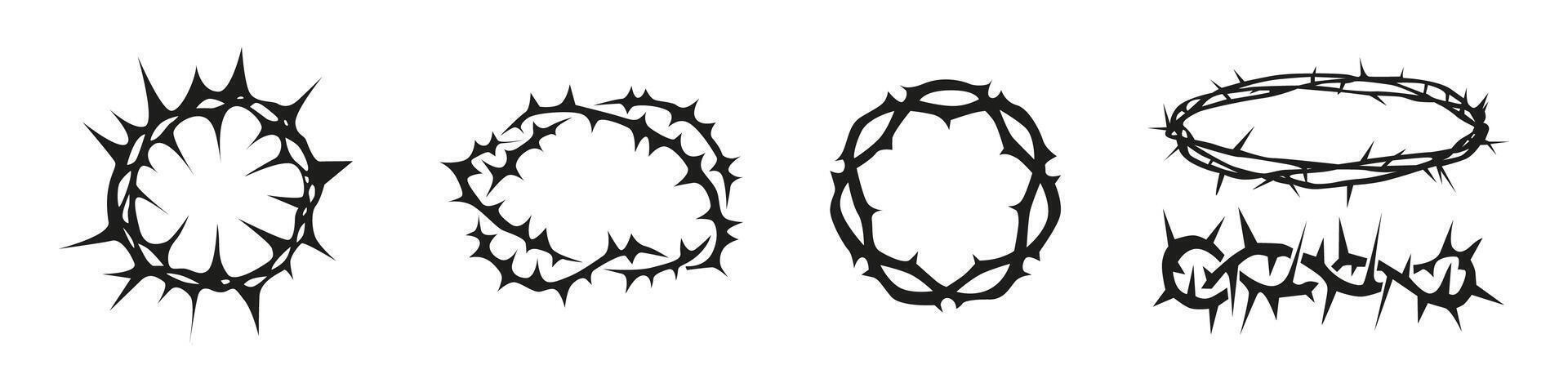 Wreath with thorns silhouette. Crown with thorn set. Spiritual symbol collection. vector