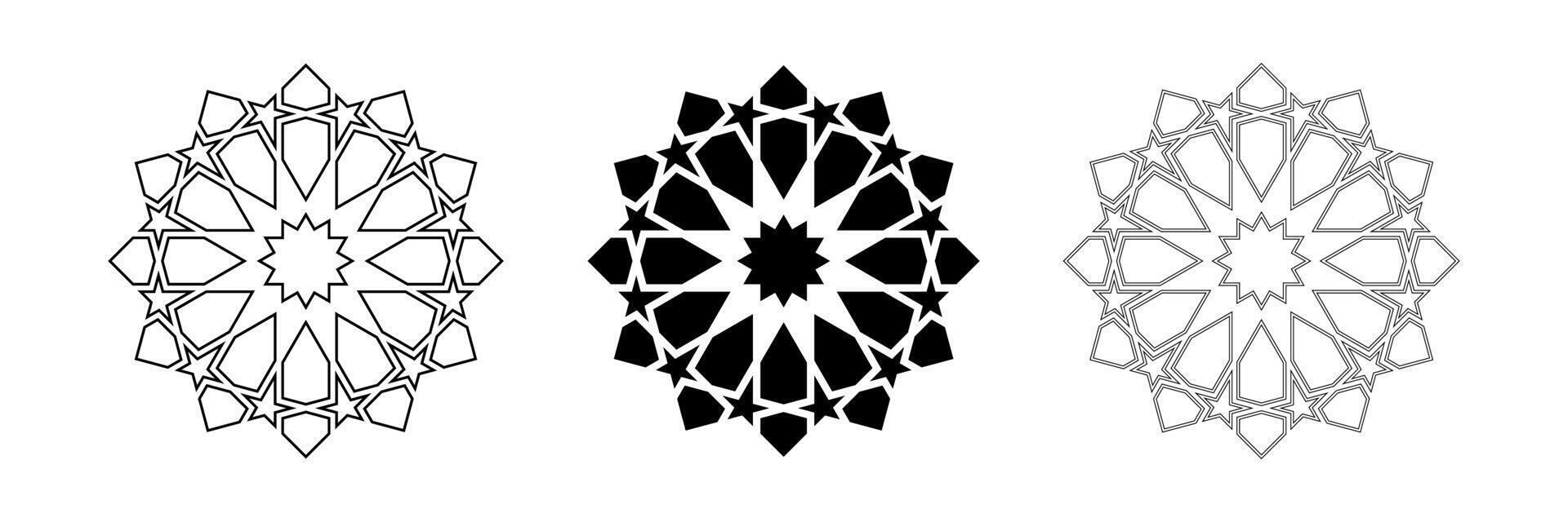 Geometric design element icons set. Outline and black silhouette isolated shapes. Islamic arabic style logo and decoration collection vector