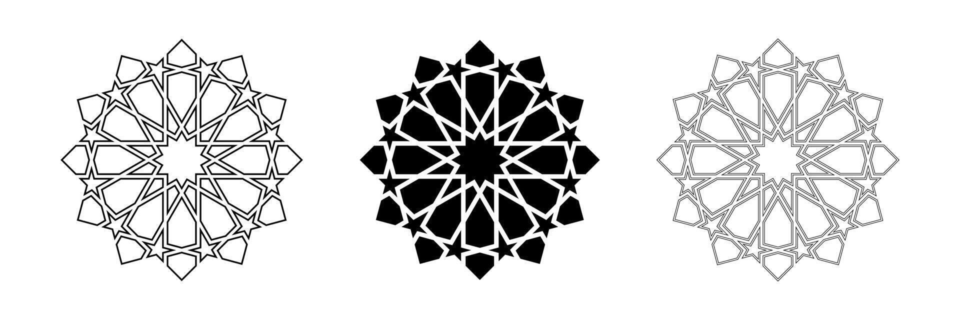 Geometric design element icons set. Outline and black silhouette isolated shapes. Islamic arabic style logo and decoration collection vector