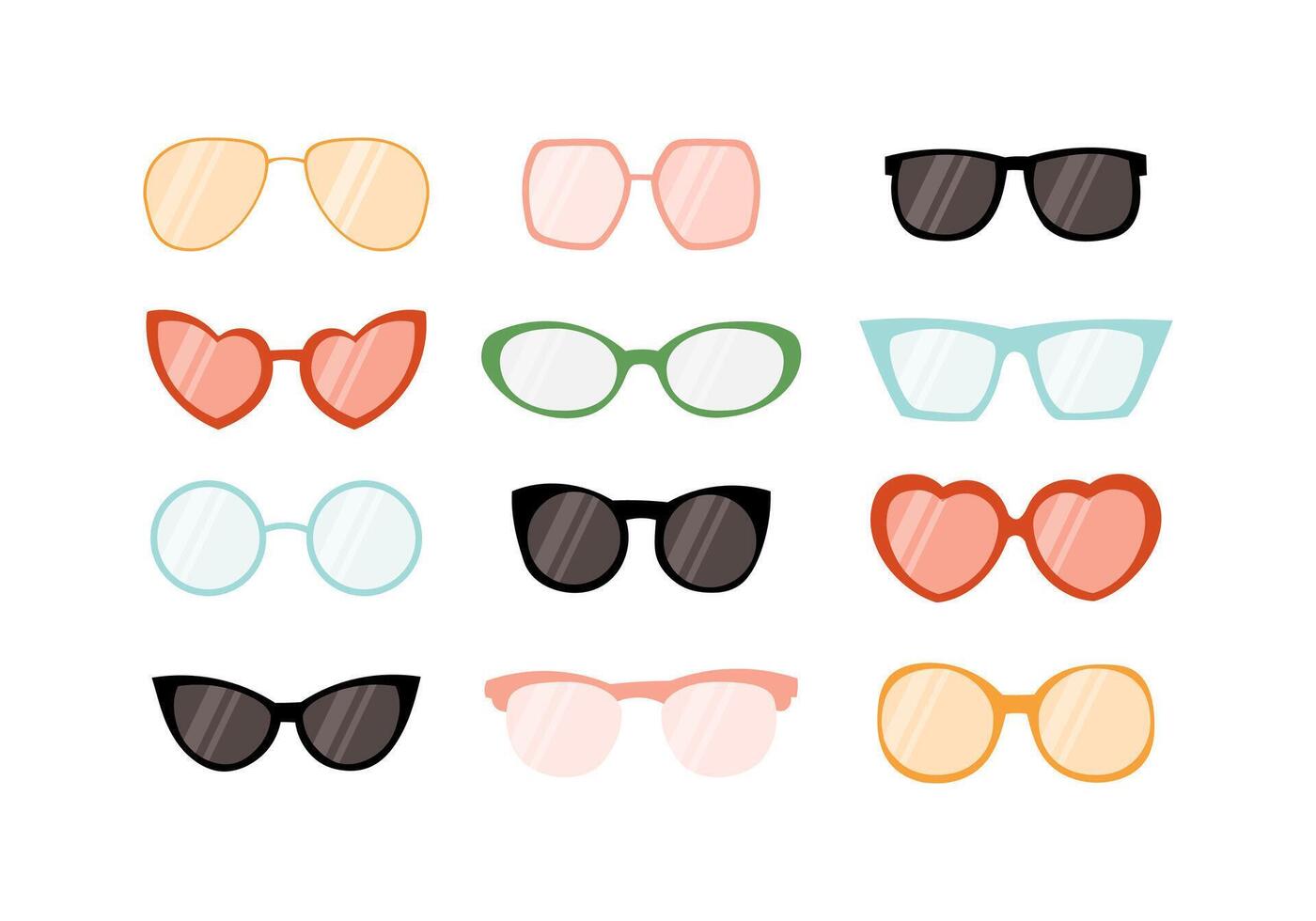 Gafas de sol conjunto aislado mano dibujado plano ilustración. diferente formas y colores de lentes en blanco antecedentes. de colores y negro, clásico y moderno, elegante y miedoso. grande colección de linda acortar letras. vector