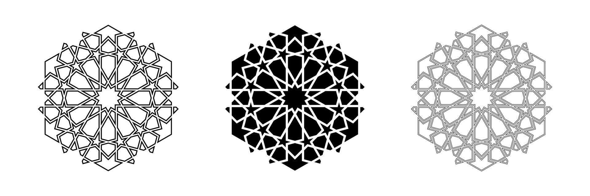 Geometric design element icons set. Outline and black silhouette isolated shapes. Islamic arabic style logo and decoration collection vector