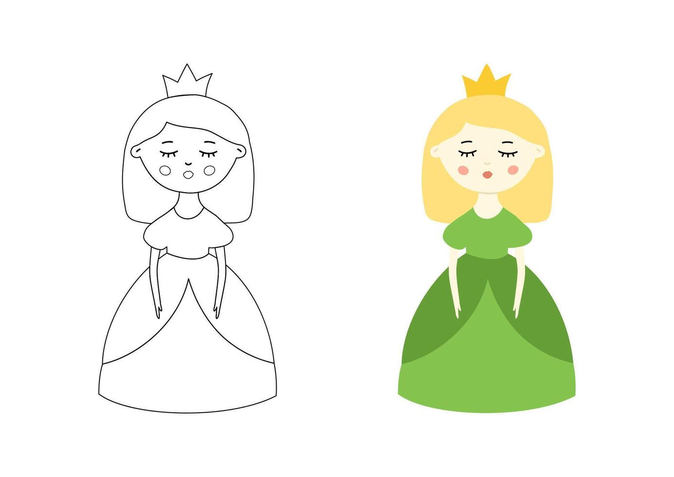 Coloring book page illustration. Color princess doll hand drawn flat clip art. Activity for small kids vector