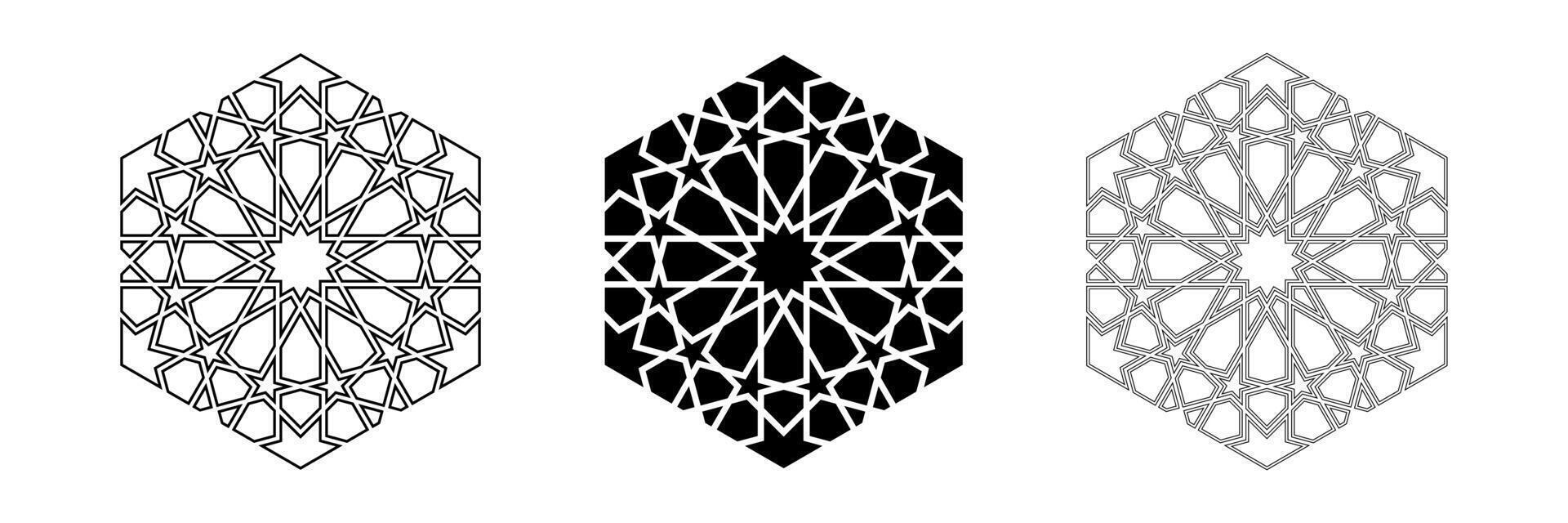 Geometric design element icons set. Outline and black silhouette isolated shapes. Islamic arabic style logo and decoration collection vector