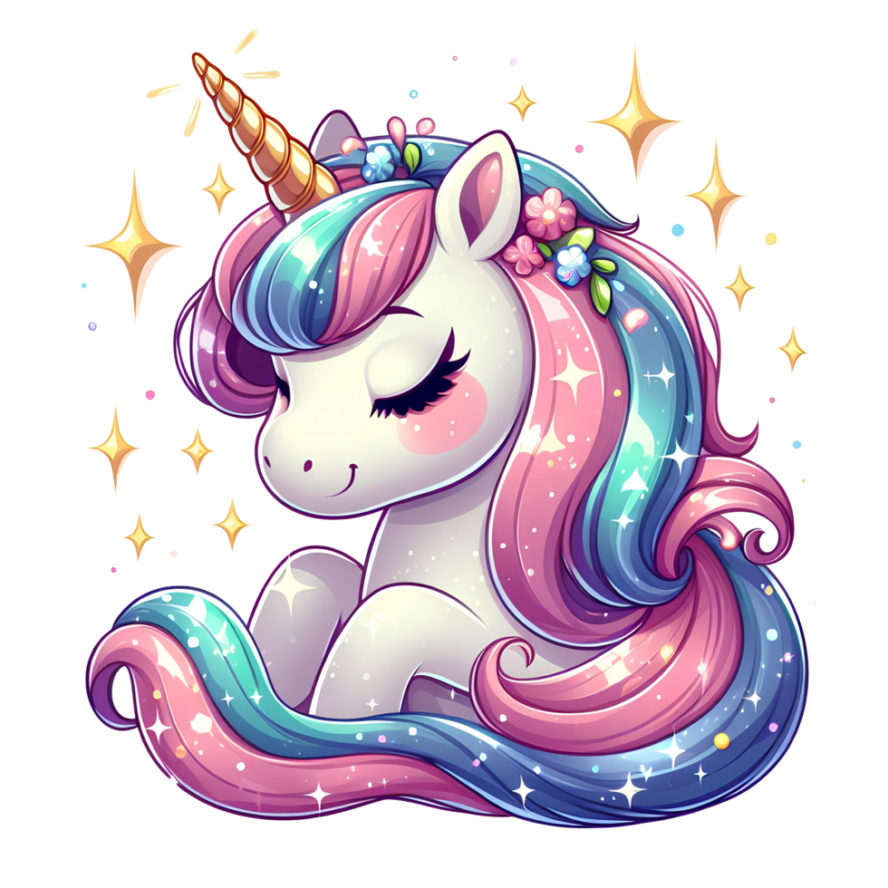 Magical Unicorn with Sparkling Horn and Rainbow Mane in Cartoon Style png