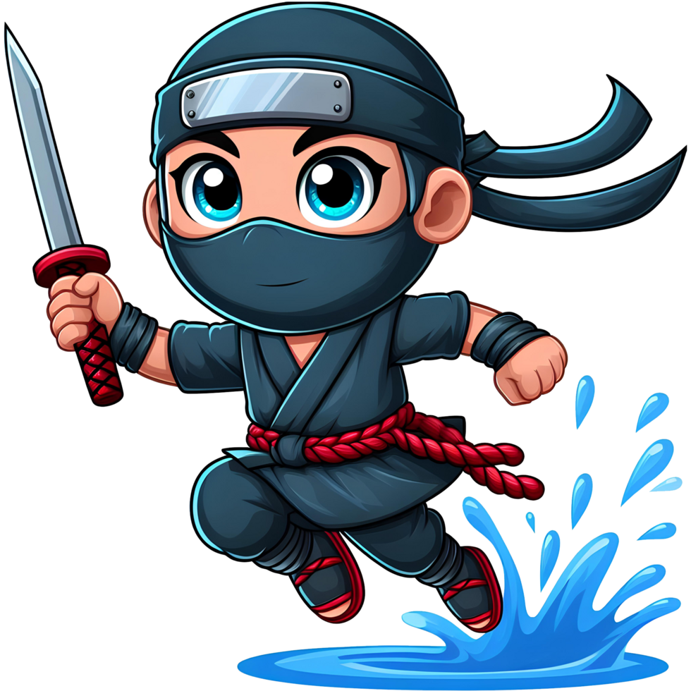 adorable ninja warrior with a sword and jump from water png