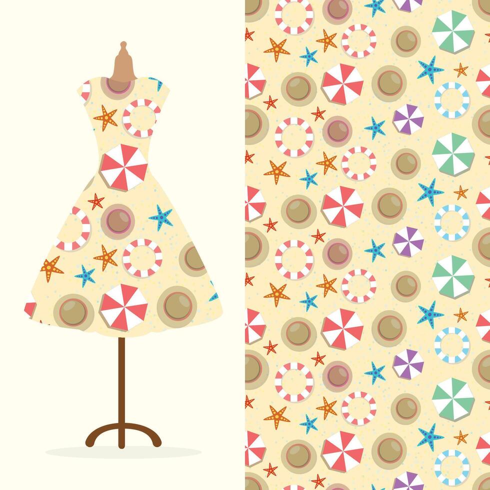 Womens long dress mock up with bright seamless hand drawn pattern for textile, paper print. vector