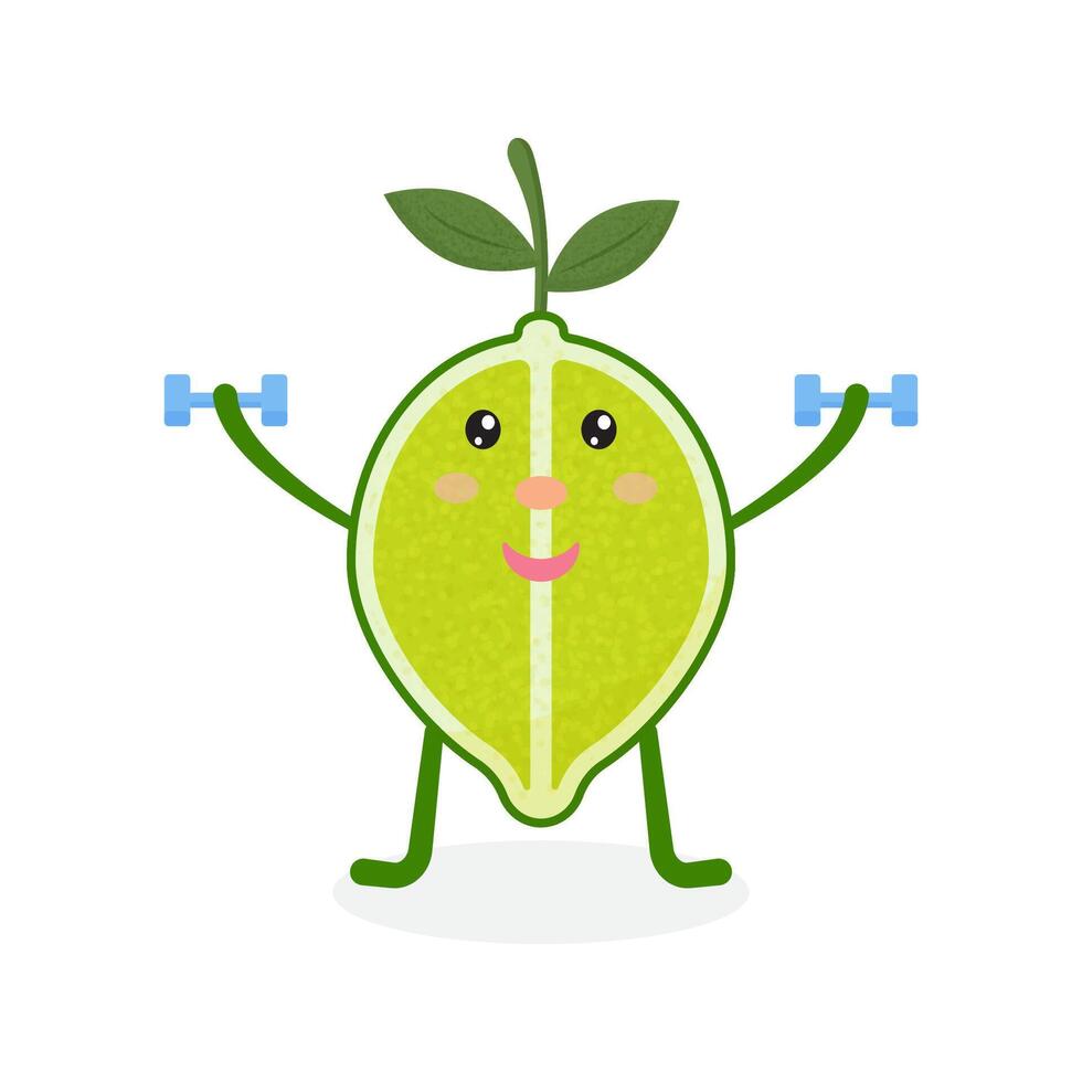 Cute lime cartoon character doing exercises with dumbbells. Eating healthy and fitness. illustration isolated on background. vector