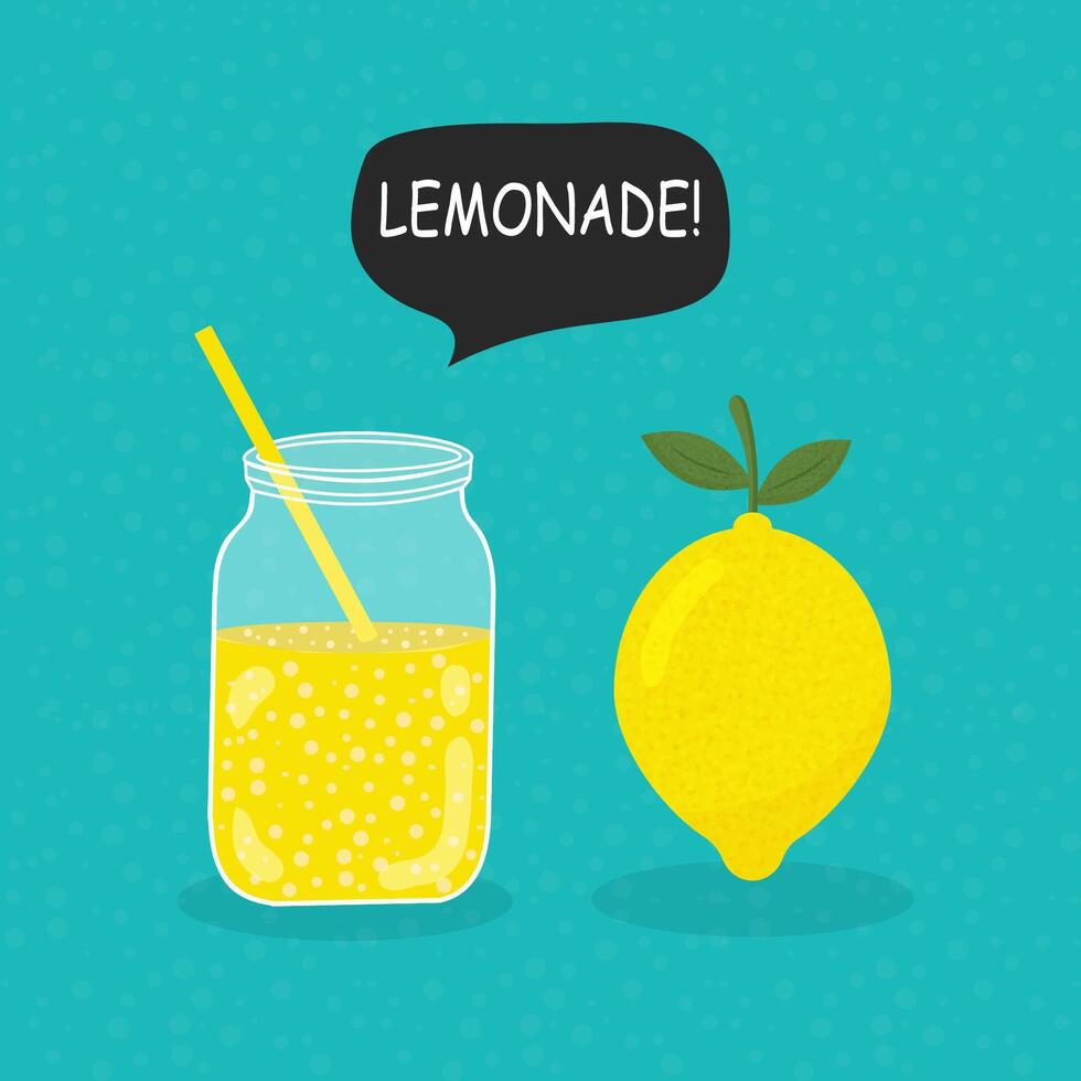 Hand drawn lemon, lemon slice, jar with lemonade, speech bubbles. vector