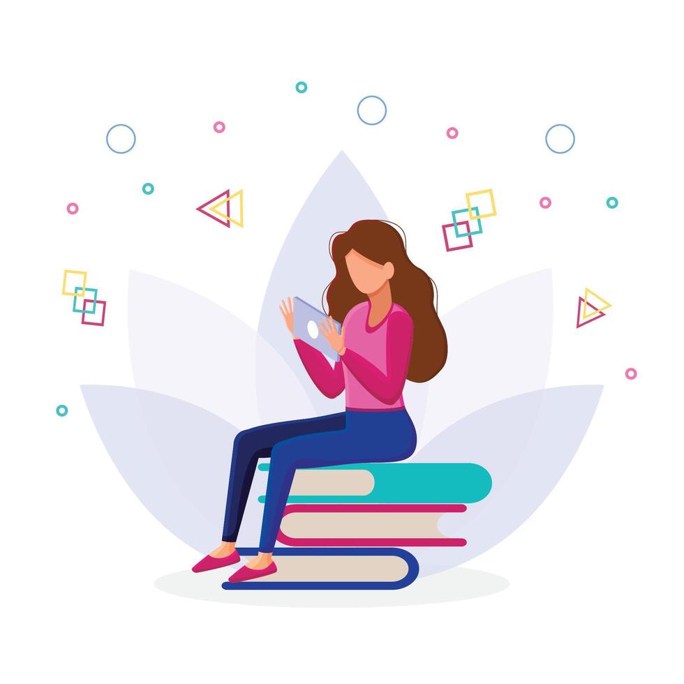 Girl sitting on pile of books with tablet in her hands. Concept illustration of e-learning, distance studying and self education. vector