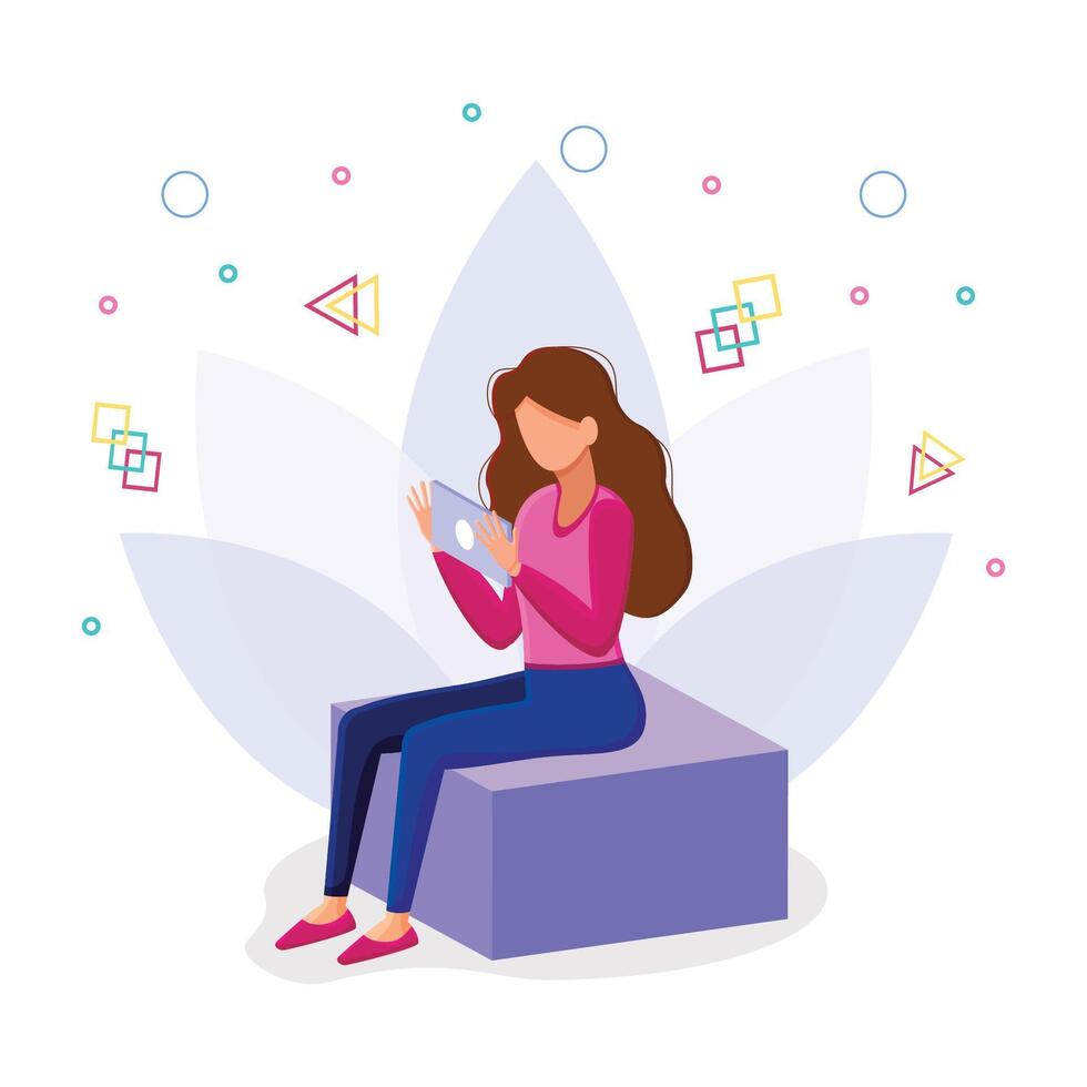the girl is sitting on a cube with a tablet. vector