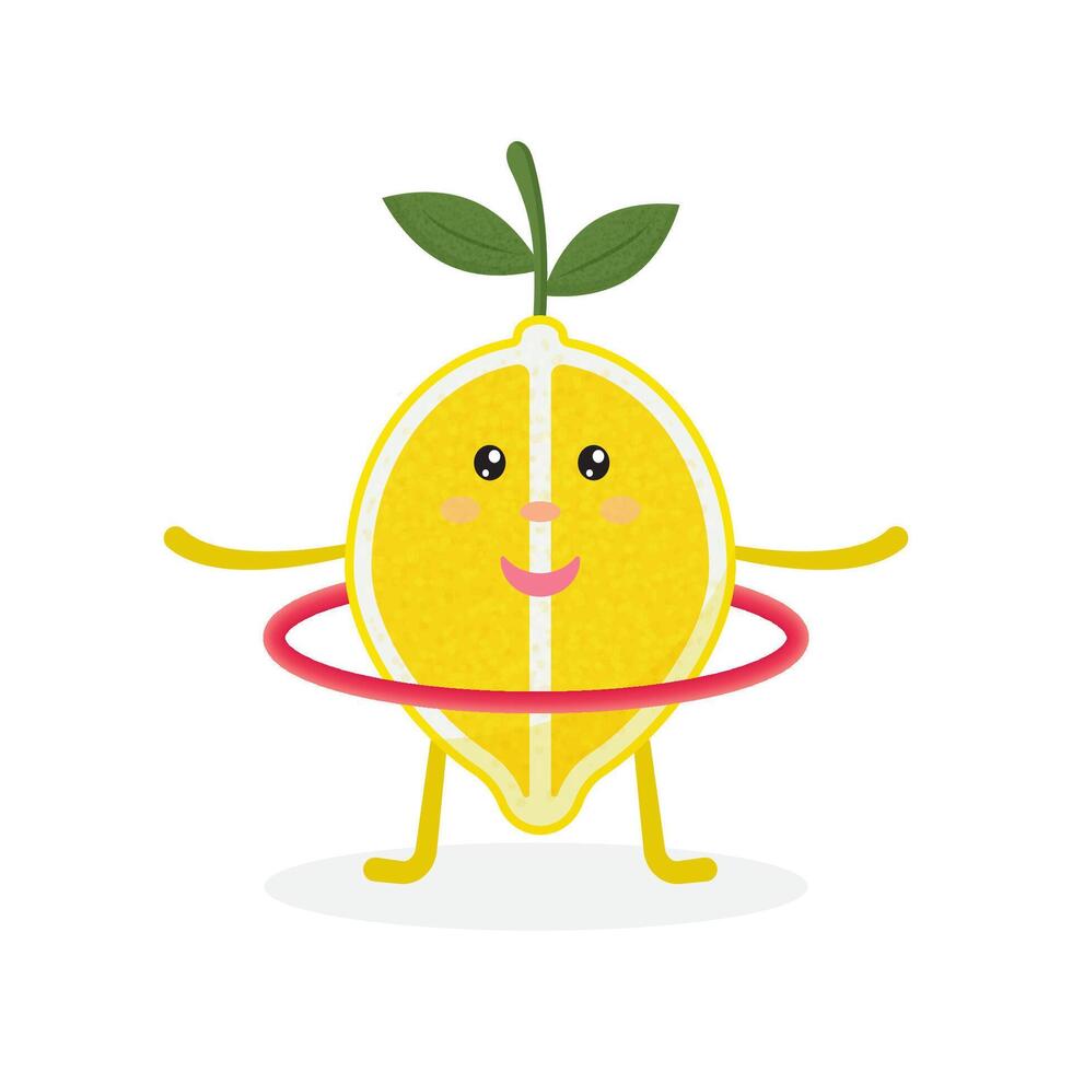 Cute lemon cartoon character doing exercises with hula hoop. Eating healthy. Isolated illustration on a white background. Healthy, sportive lifestyle concept vector