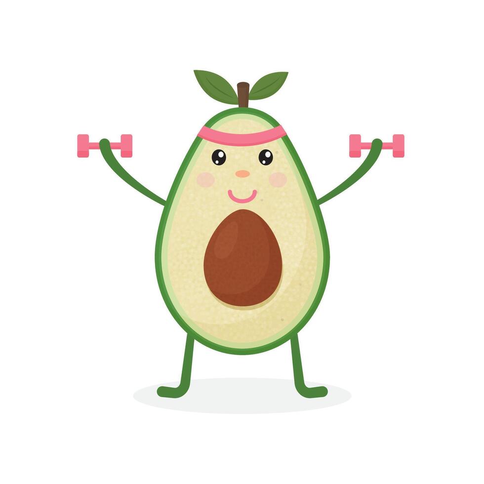 Cute Avocado cartoon character doing exercises with dumbbells. Eating healthy and fitness. vector