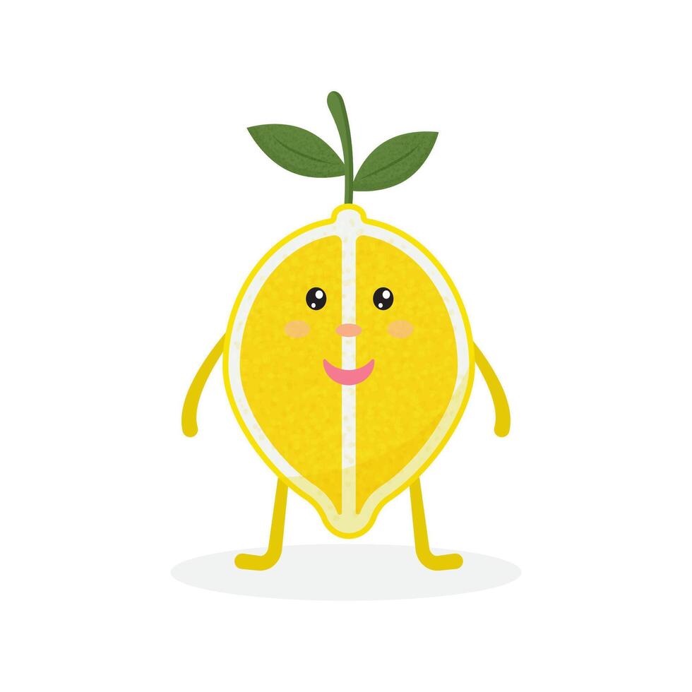 Cheerful smiling lemon with handles and legs, white background, green leaves. vector