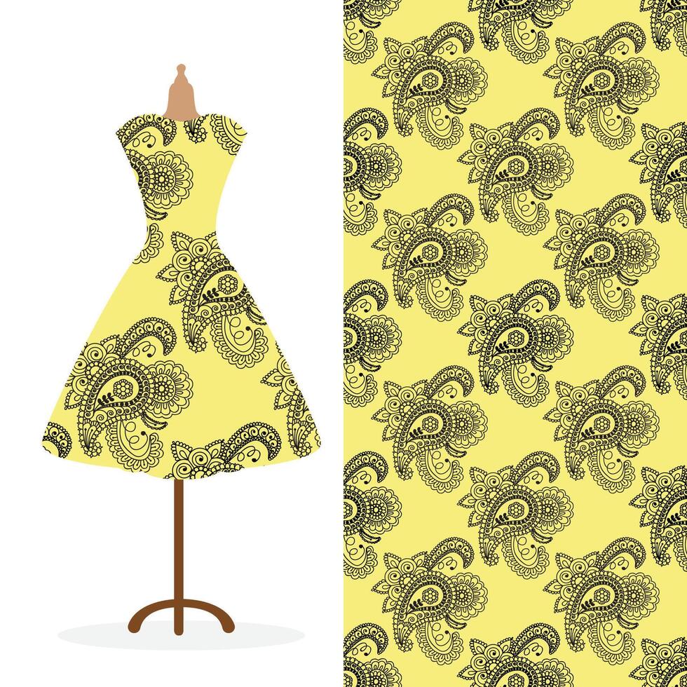 Womens long dress mock up with bright seamless hand drawn pattern for textile, paper print. vector