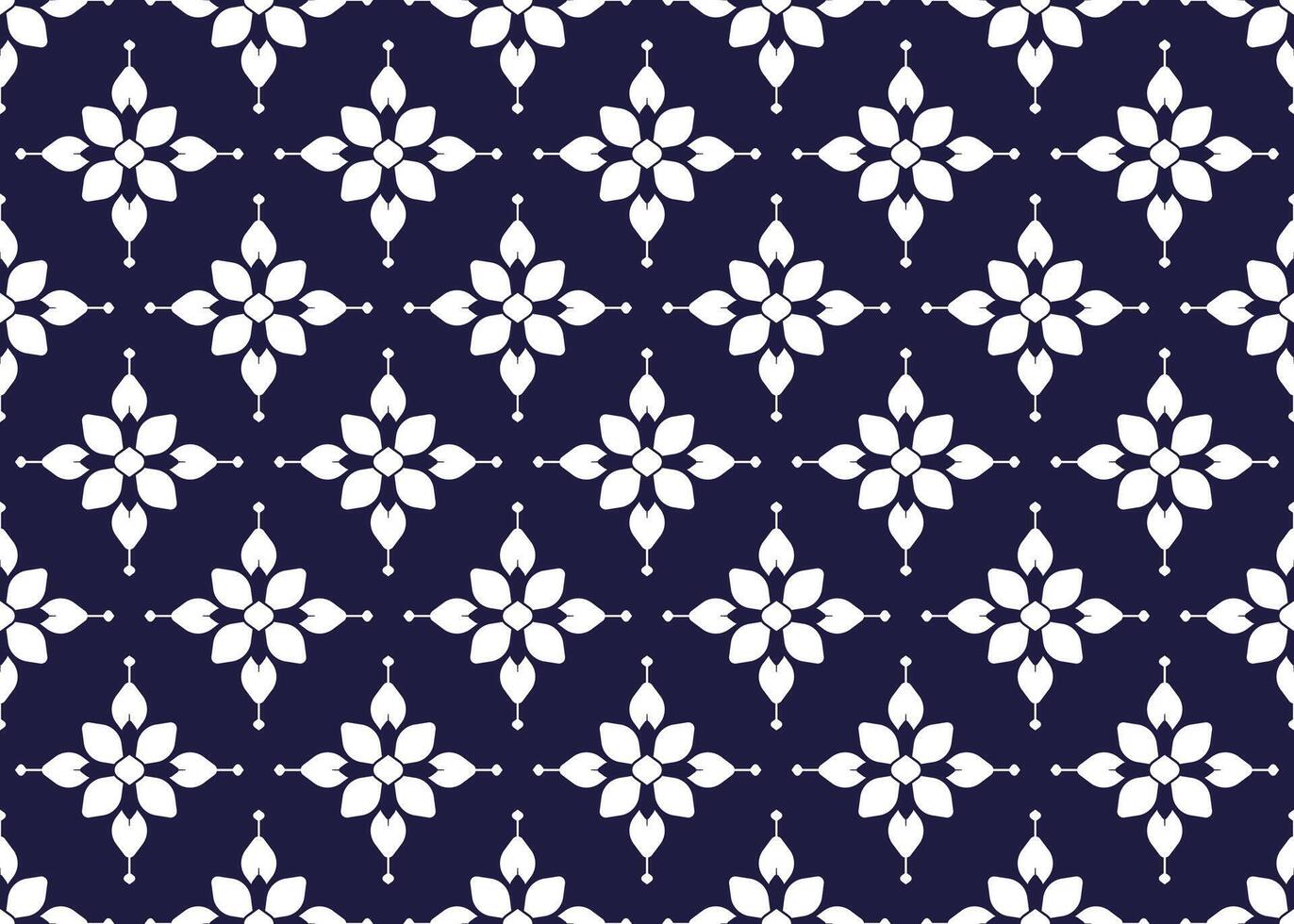 White symbol flowers form on dark blue background, ethnic fabric seamless pattern design for cloth, carpet, batik, wallpaper, wrapping etc. vector