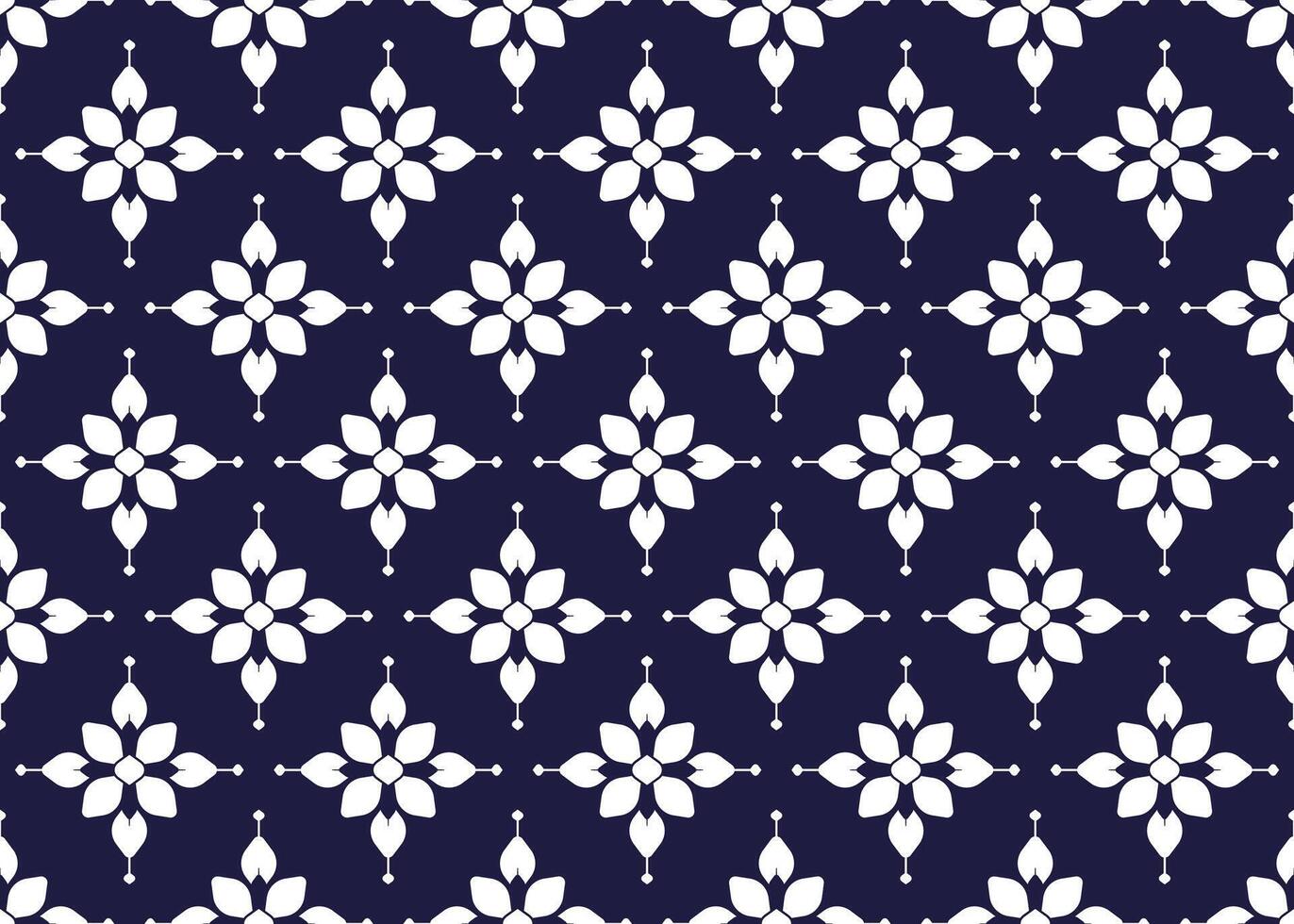 White symbol flowers form on dark blue background, ethnic fabric seamless pattern design for cloth, carpet, batik, wallpaper, wrapping etc. vector