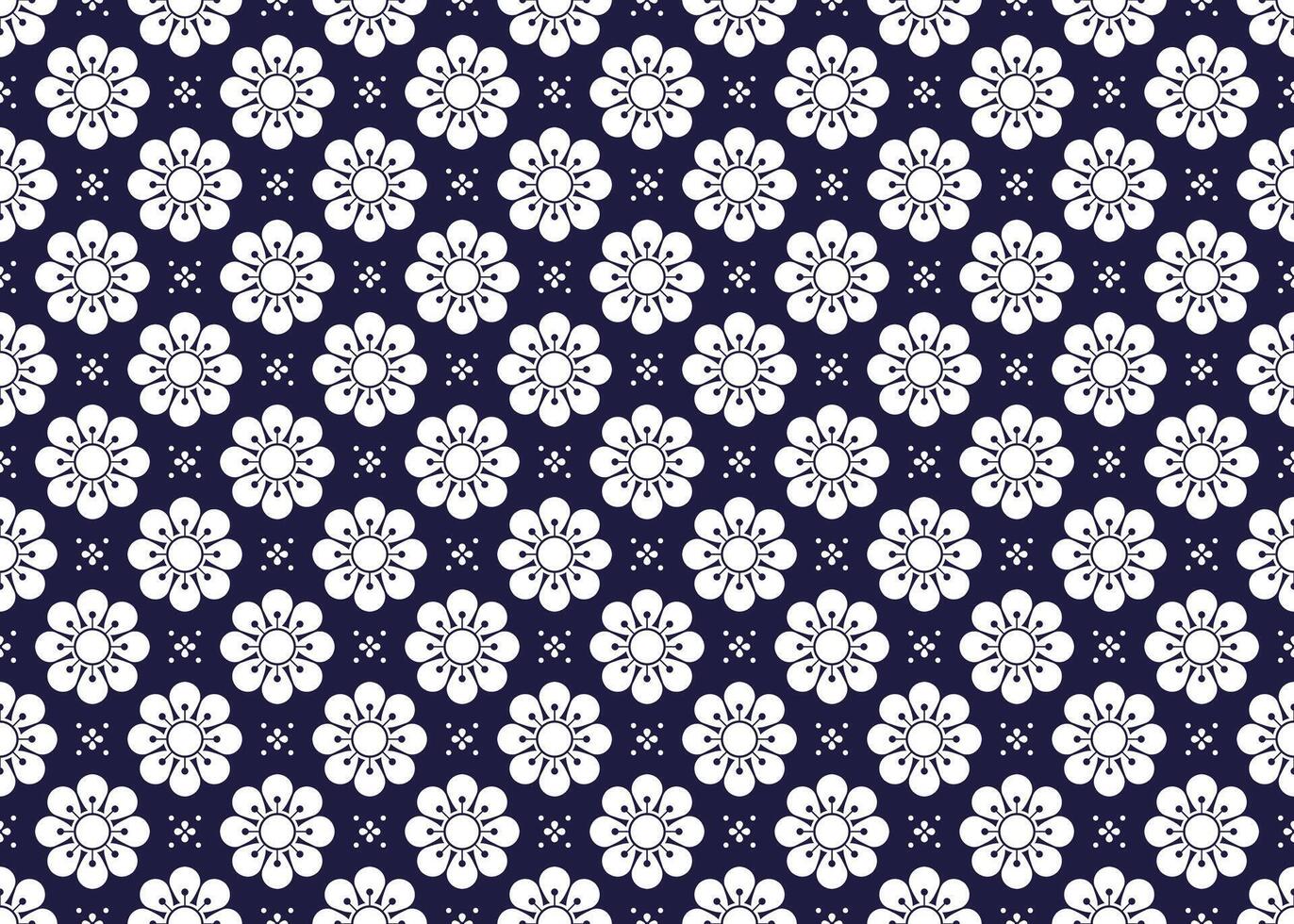 White symbol flowers form on dark blue background, ethnic fabric seamless pattern design for cloth, carpet, batik, wallpaper, wrapping etc. vector