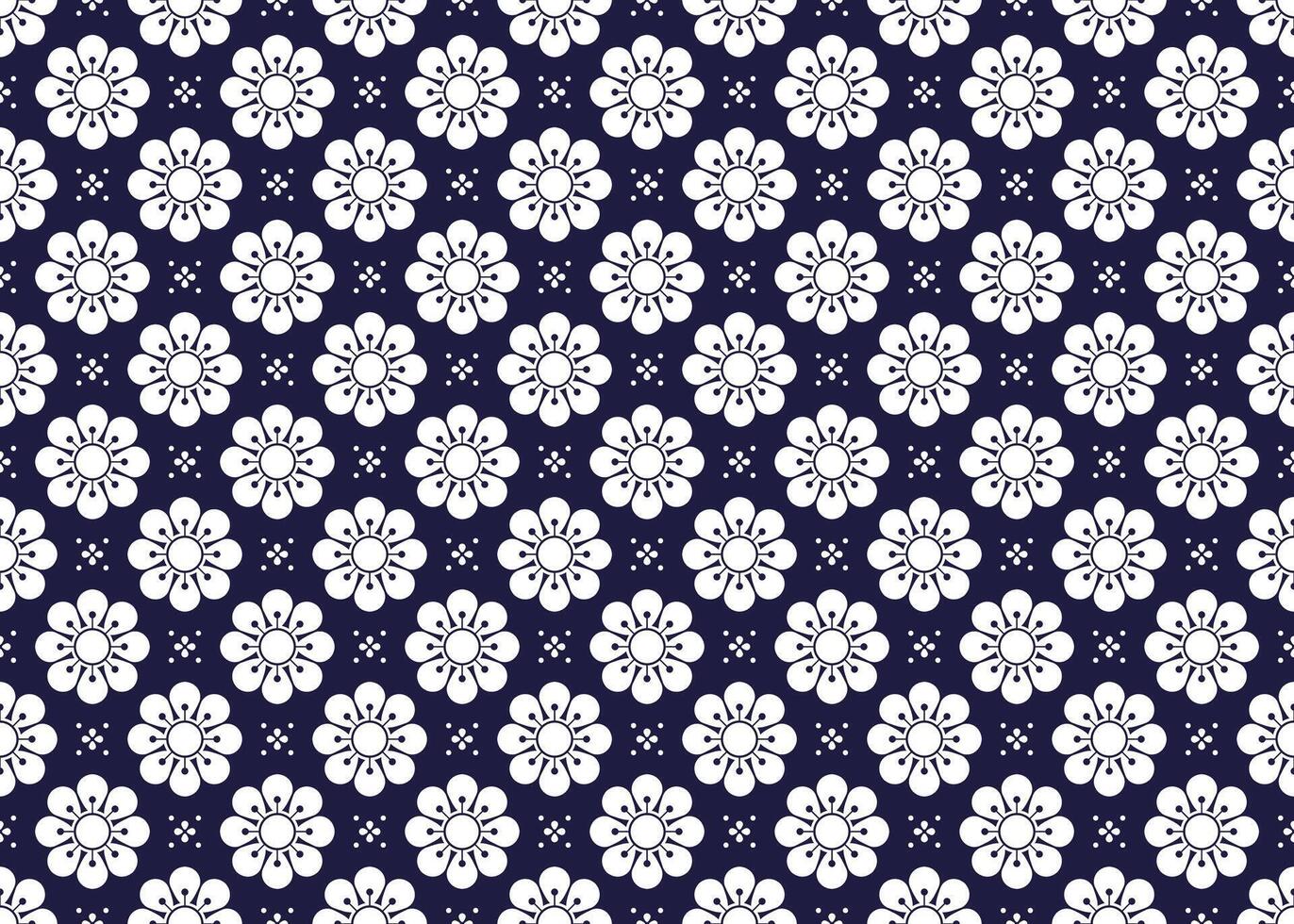 White symbol flowers form on dark blue background, ethnic fabric seamless pattern design for cloth, carpet, batik, wallpaper, wrapping etc. vector