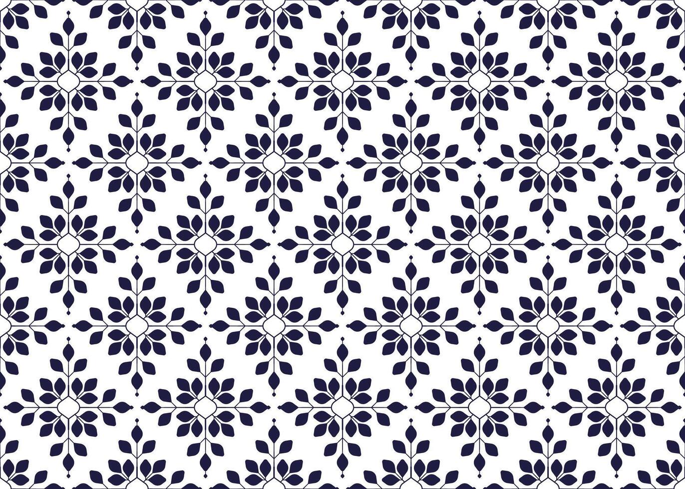 Symbol dark blue flowers and leaves on white background, ethnic fabric seamless pattern design for cloth vector