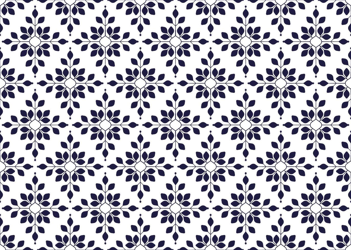 Symbol dark blue flowers and leaves on white background, ethnic fabric seamless pattern design for cloth vector