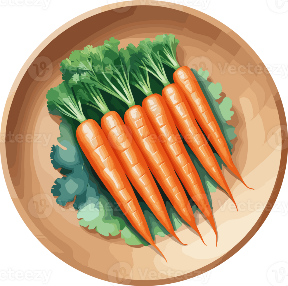 watercolor fresh baby carrots in a wooden dish isolated cartoon illustration, design clipart for cooking, healthy food recipes, ingredients, vegetarian, nutrition, organic farm, antioxidant png