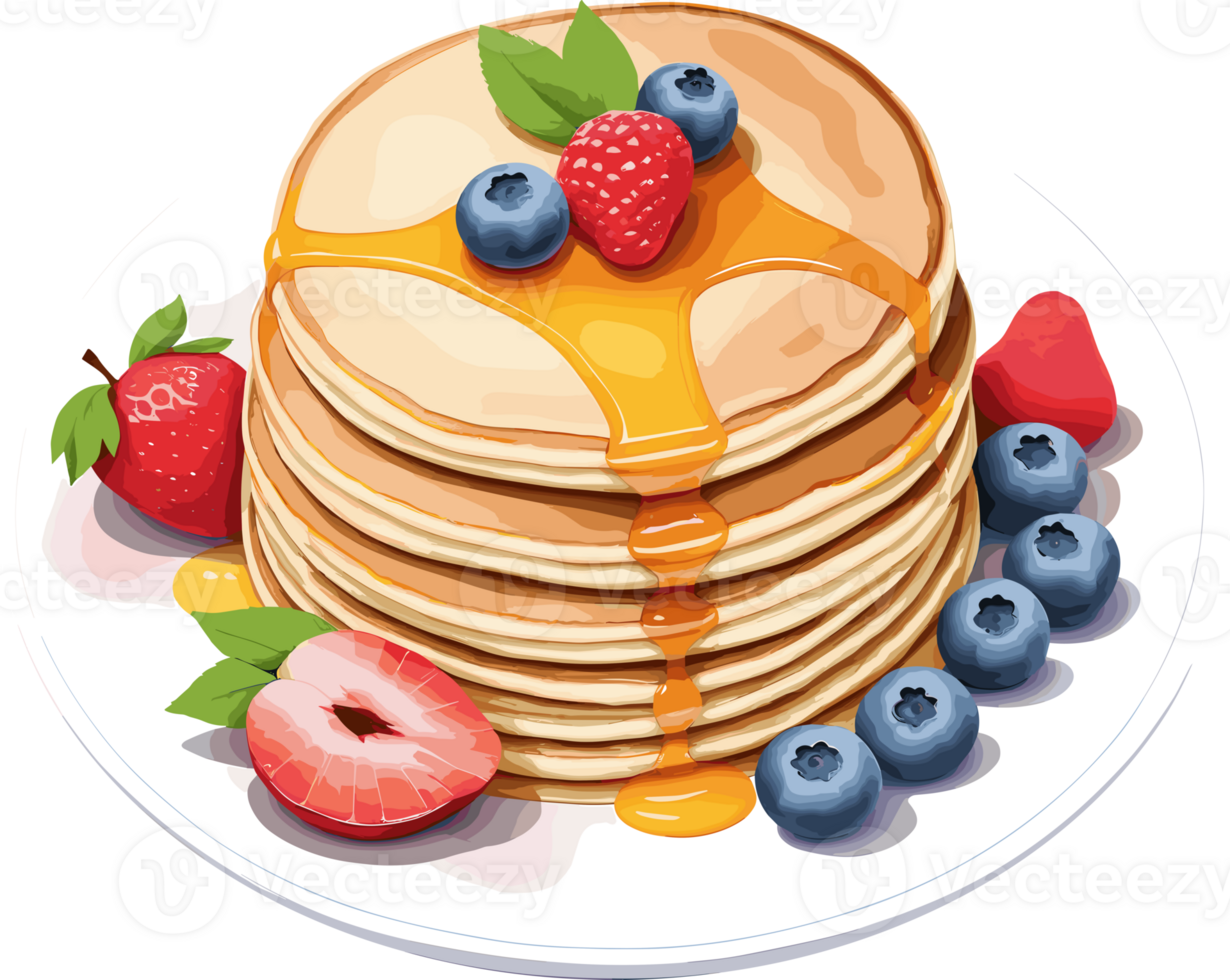 acquerello delizioso soffice Pancakes e bacca frutta e sciroppo impostare, isolato cibo clipart, design elemento per Presto prima colazione idea, cibo, facile cucinando, brunch, figli, nutriente, fatti in casa ricetta png