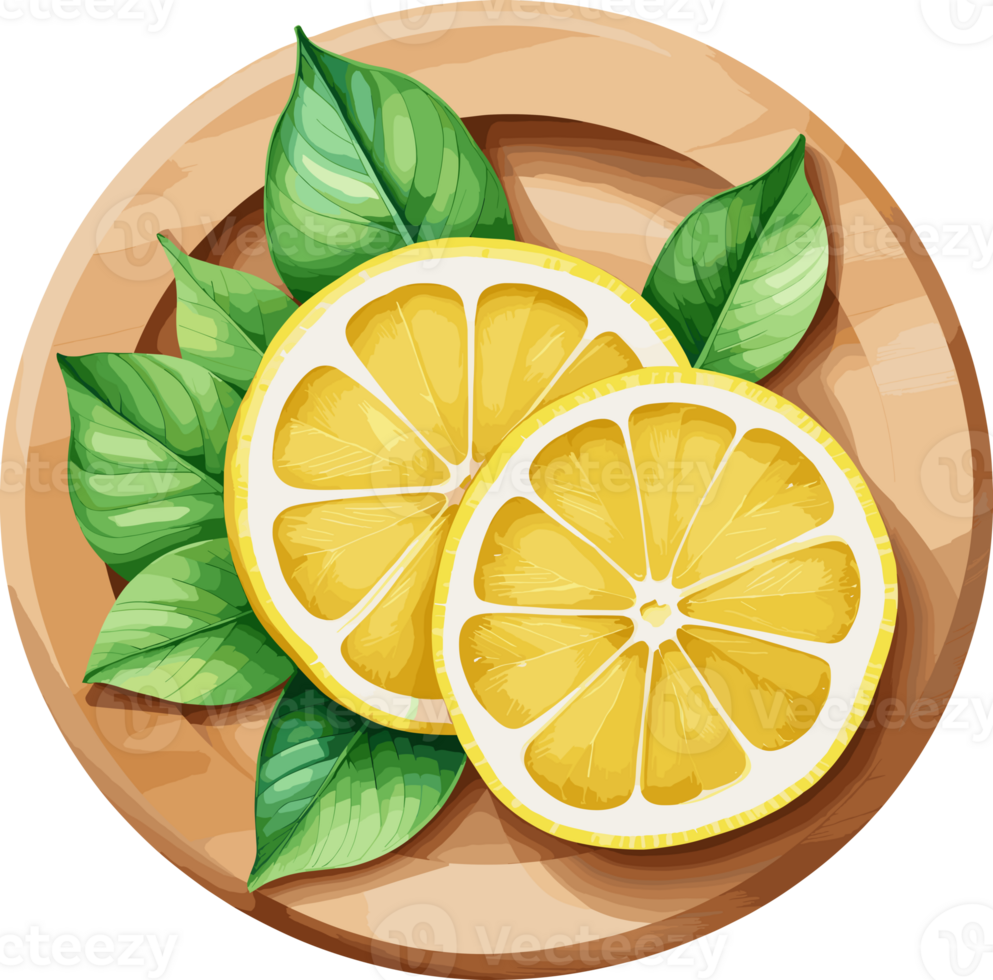 Fresh lemon slices in a wooden dish isolated cartoon illustration on transparent background, design element for cooking, essential ingredients, healthy food recipes, vegetarian, sour taste png