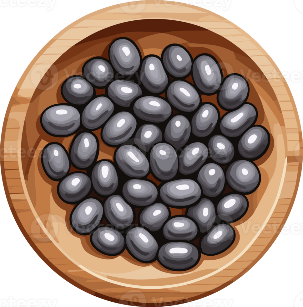 black beans in wooden bowl cartoon illustration, design element for cooking, healthy food, recipe, food ingredients, vegetarian, protein, nutrition, organic snack, carb, calories, sticker, logo png