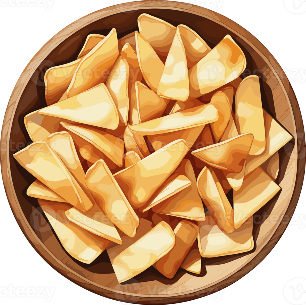 delicious crispy fried chips in wooden bowl, watercolor illustration, food clipart for for snack, recipe, cooking, appetizer, calories, Trans fat, unhealthy, traditional cuisine png