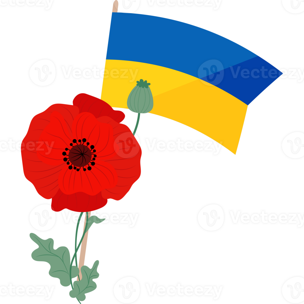 Ukraine yellow and blue flag with Red poppy png