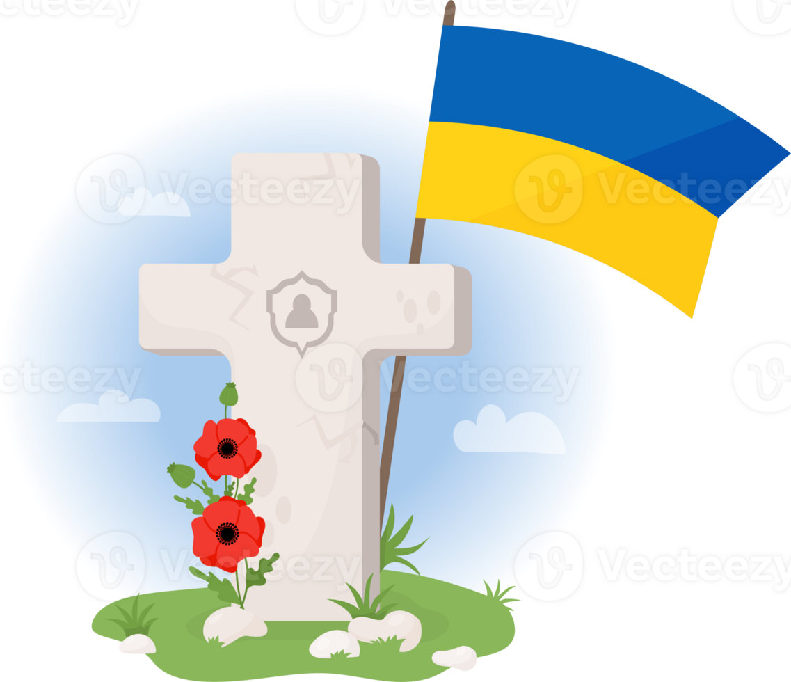 Grave cross with Ukrainian flag and bouquet red poppies png