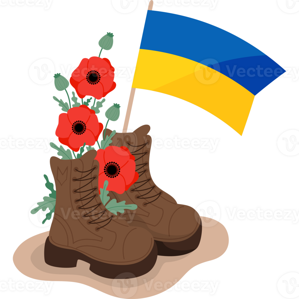 militaire vétéran bottes avec coquelicot fleurs et jaune-bleu drapeau Ukraine png