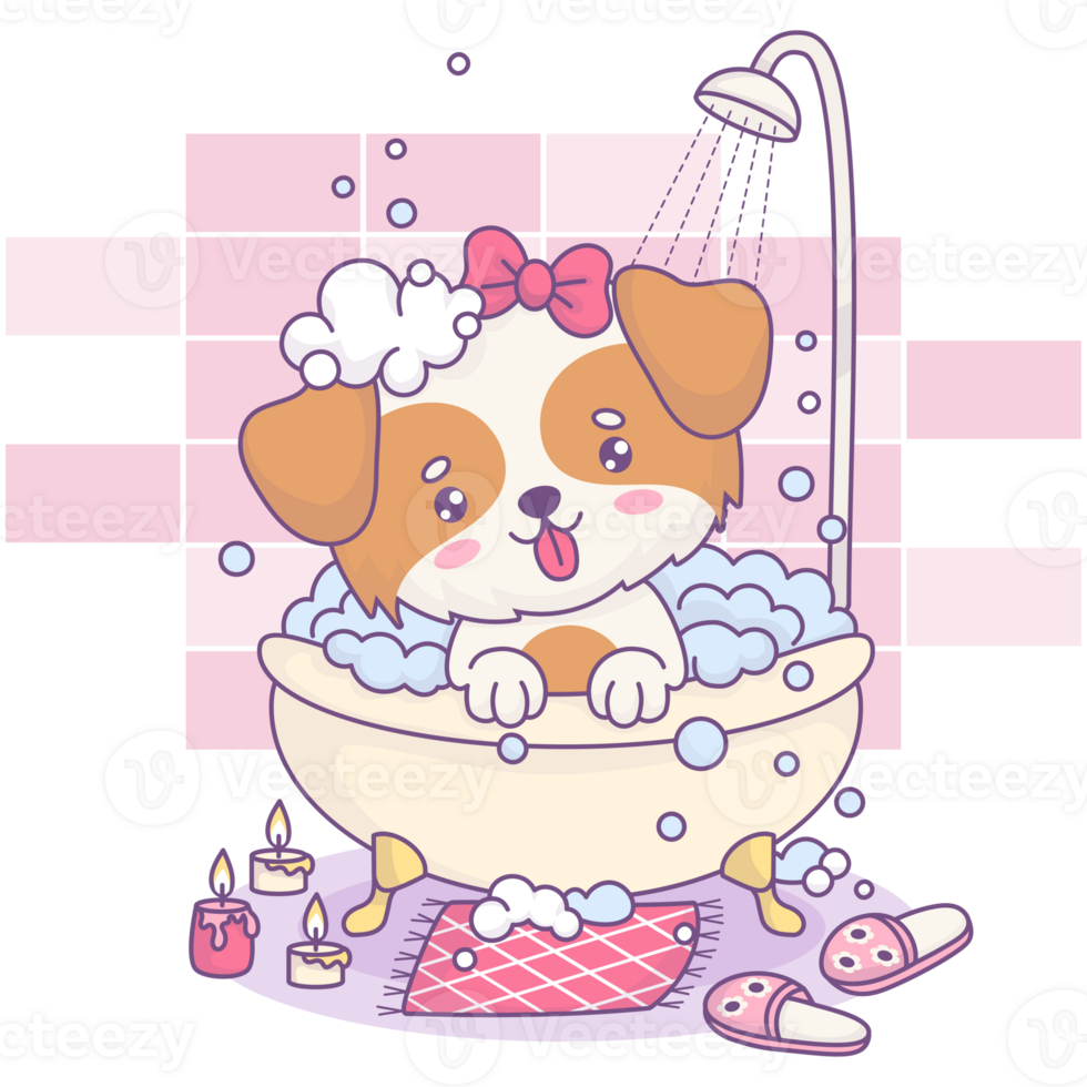 Dog girl bathes in bath with foam in shower png