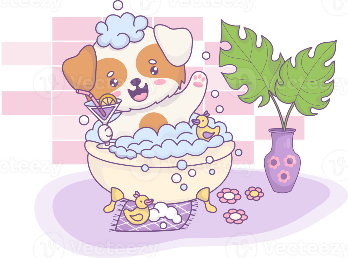 Happy dog rest in bubble bath with drink png