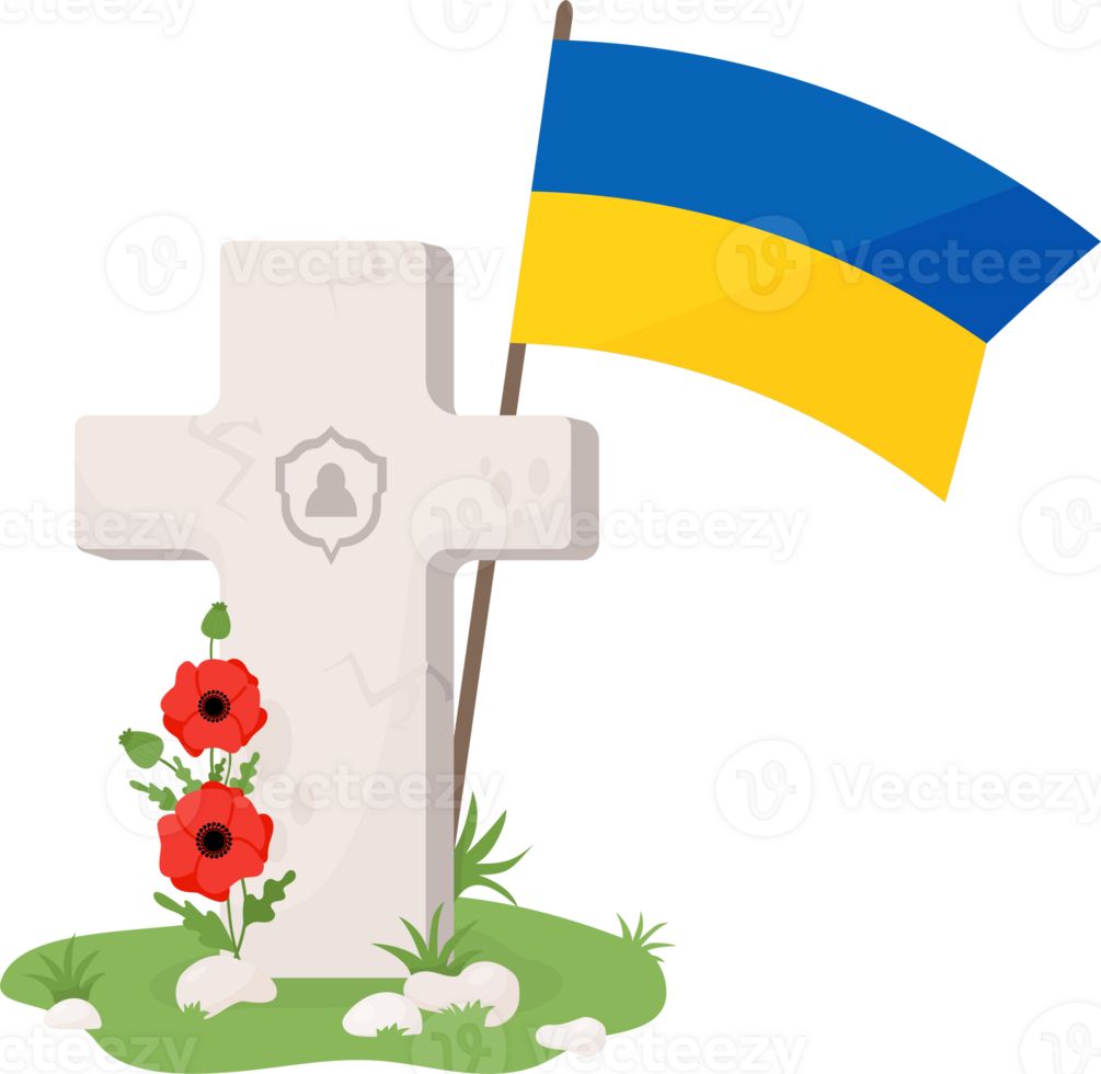 Grave cross with Ukrainian flag and bouquet red poppies png