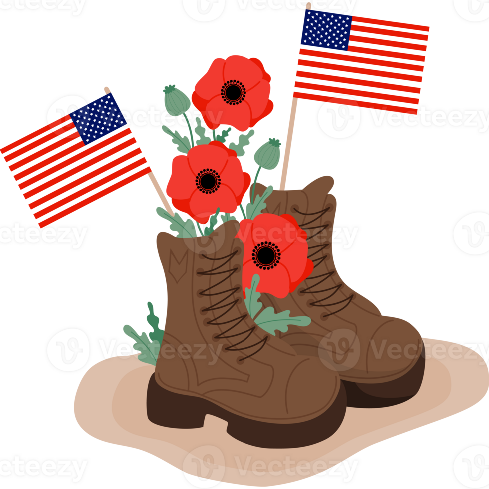 Military veteran boots with red poppy flowers and American flags png