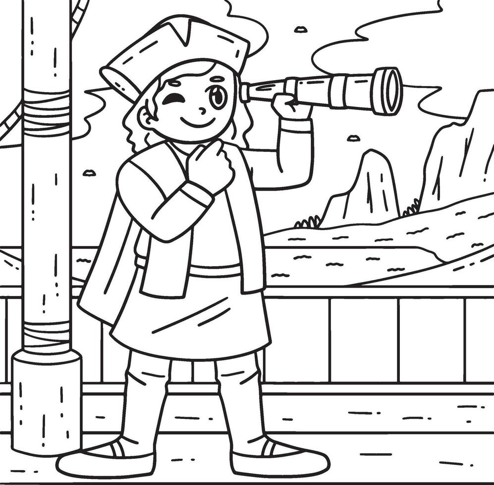 Columbus Day Man Looking with a Telescope Coloring vector