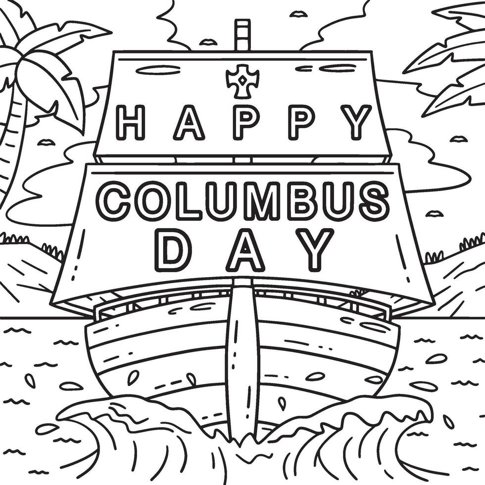 Happy Columbus Day on Ship Coloring Page for Kids vector