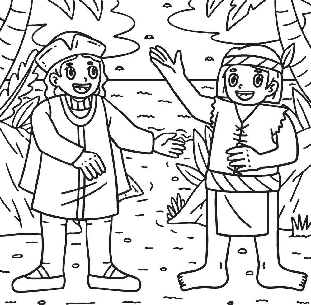 Columbus Day Two Man Talking Coloring Page vector