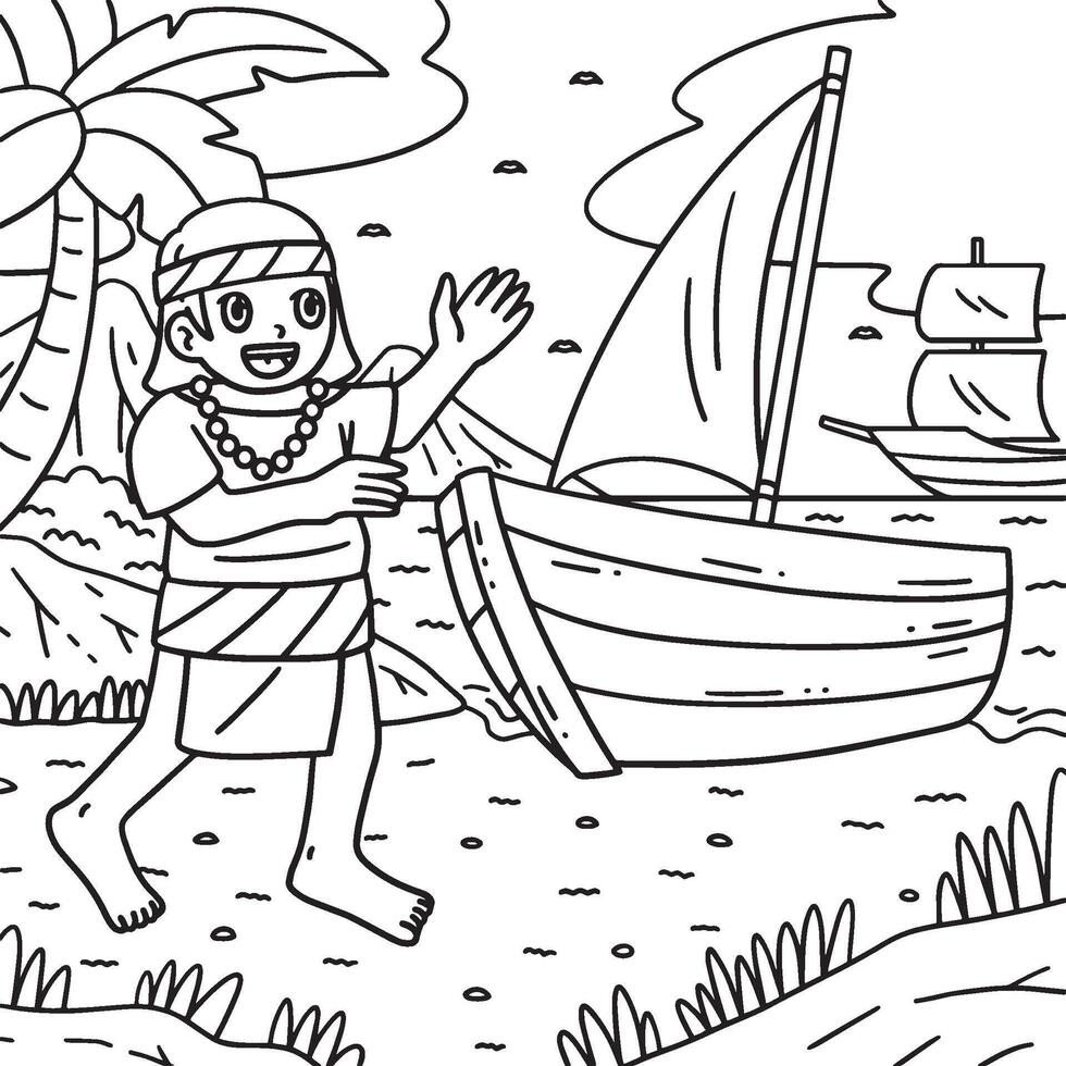 Columbus Day Native Man and Boat Coloring Page vector