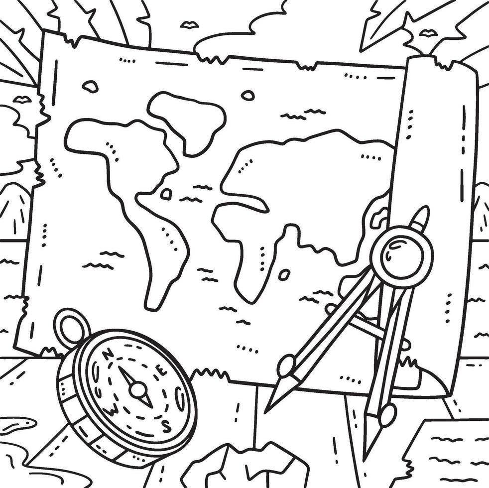 Columbus Day Map and Compass Coloring Page vector