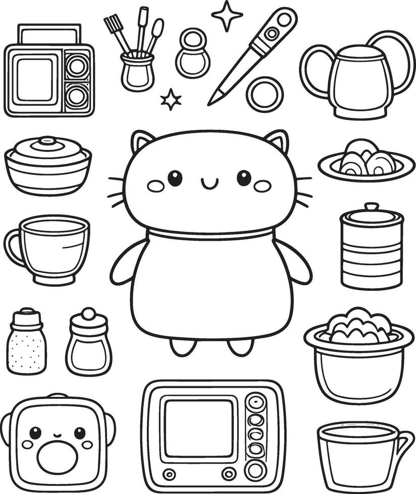 of home appliances, kawaii, cartoon characters, cute lines and colors, coloring pages vector