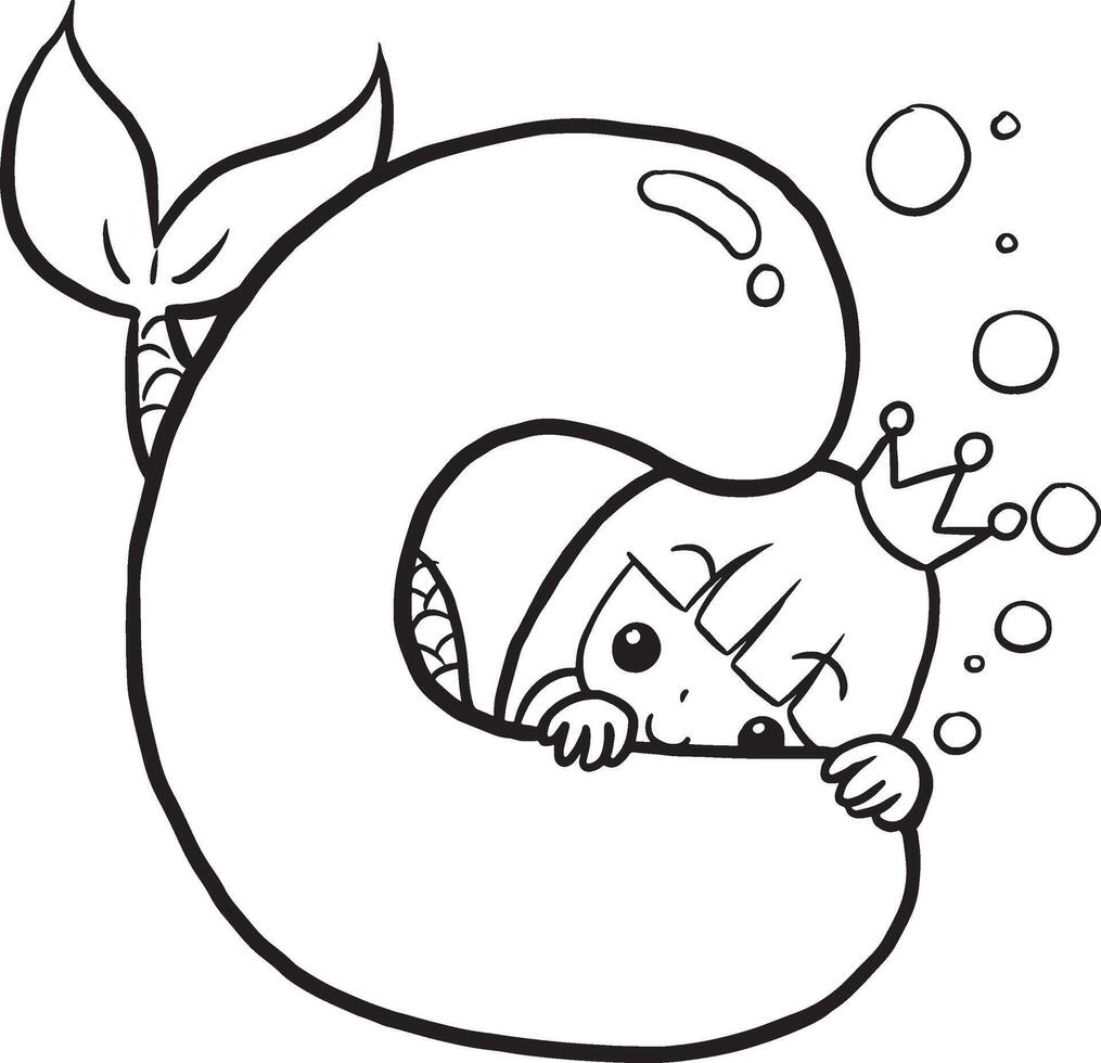Font C Mermaid cute cartoon characters, lines and colorful coloring pages. vector
