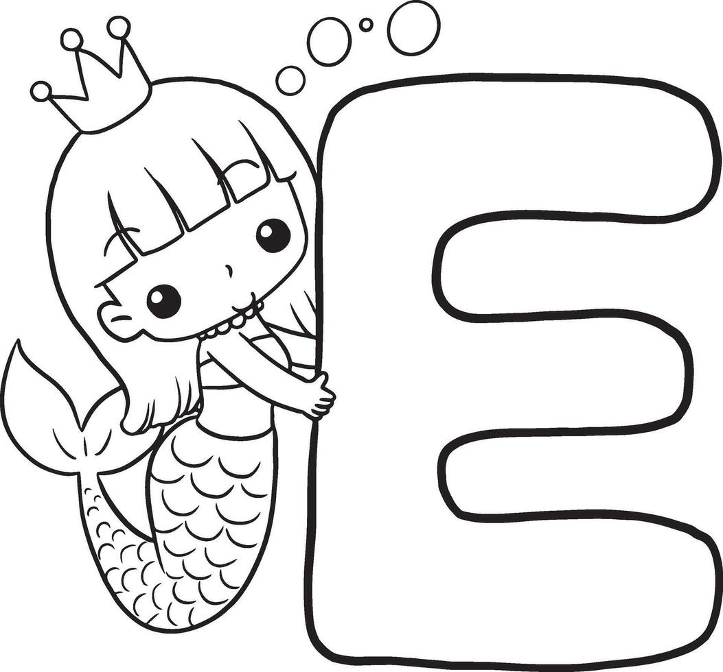 Font E Mermaid cute cartoon characters, lines and colorful coloring pages. vector