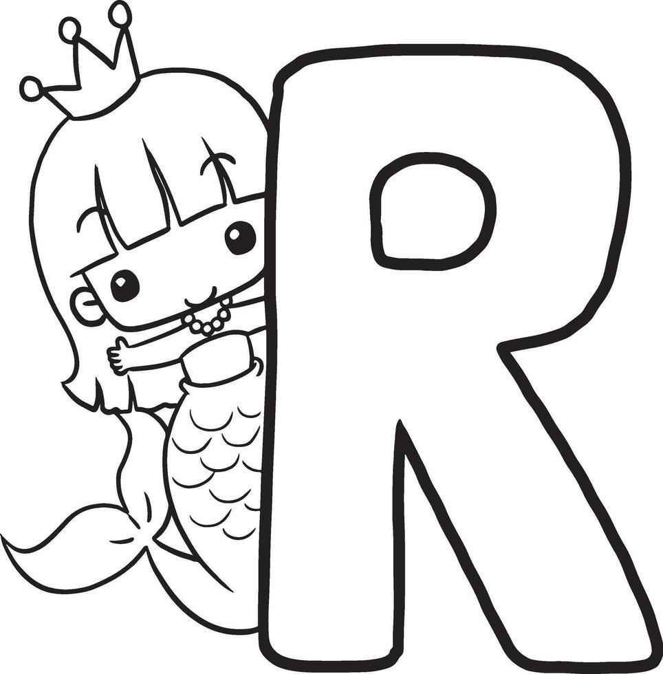 Font R Mermaid cute cartoon characters, lines and colorful coloring pages. vector