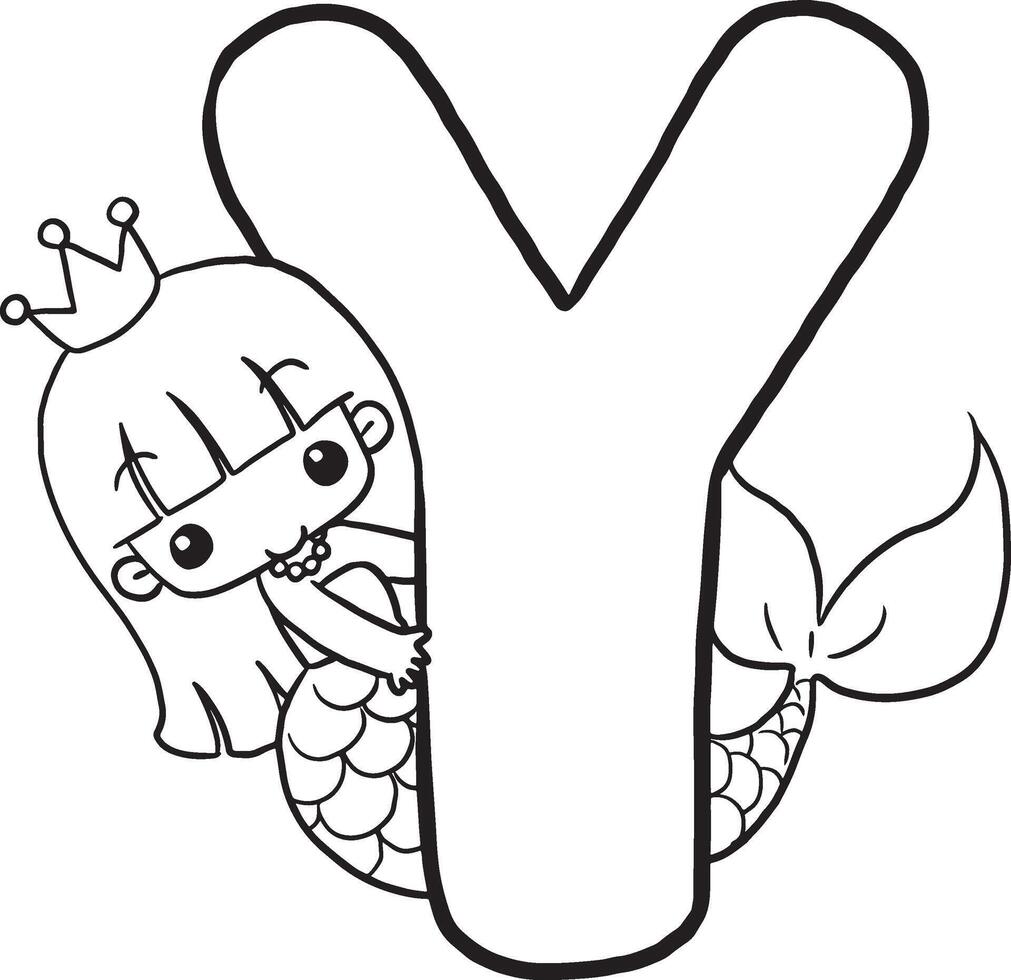 Font Y Mermaid cute cartoon characters, lines and colorful coloring pages. vector